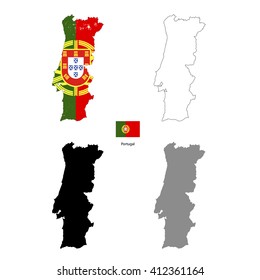 Portugal country black silhouette and with flag on background, isolated on white