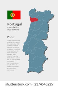 Portugal country - high detailed illustration map divided on regions. Blank map isolated on white background. Vector template Porto district for website, pattern, infographic, education