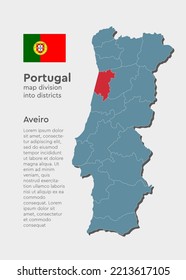 Portugal country - high detailed illustration map divided on regions. Blank map isolated on white background. Vector template Aveiro district for website, pattern, infographic, education
