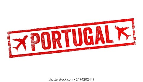 Portugal is a country located on the Iberian Peninsula in Southwestern Europe, text emblem stamp with airplane