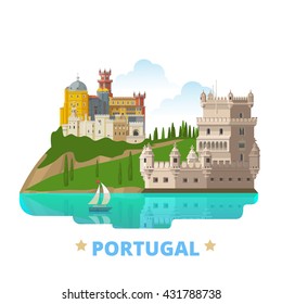 Portugal country magnet design template. Flat cartoon style historic sight showplace web vector illustration. World vacation travel sightseeing Europe European collection. Belem Tower Sintra City. 