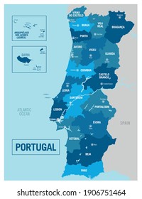 Portugal country political map. Detailed vector illustration with isolated states, regions, islands and cities easy to ungroup. 