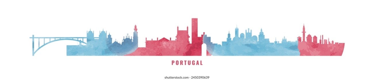 Portugal country skyline with cities panorama watercolor style. Vector flat banner, logo. Lisbon, Porto, Coimbra, Braga silhouette for footer, steamer, header. Isolated graphic