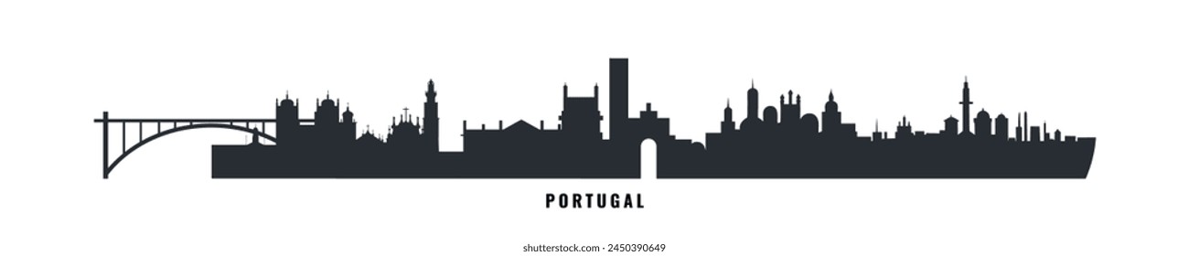 Portugal country skyline with cities panorama. Vector flat banner, logo. Lisbon, Porto, Coimbra, Braga silhouette for footer, steamer, header. Isolated graphic