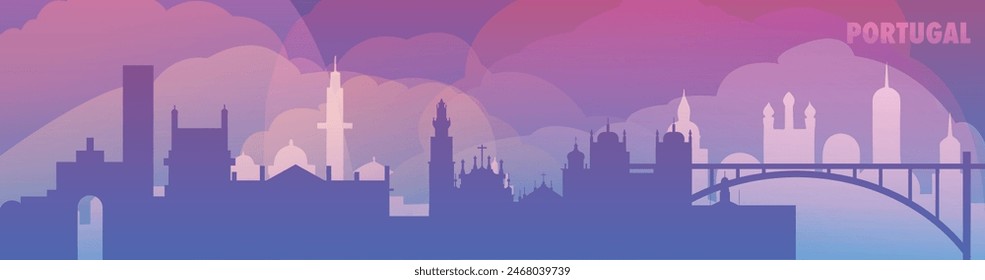 Portugal country skyline with cities panorama, gradient thin banner. Purple color Lisbon, Porto, Braga, Coimbra, Funchal, Setubal cityscapes for footer, header, infographic, horizontal graphic