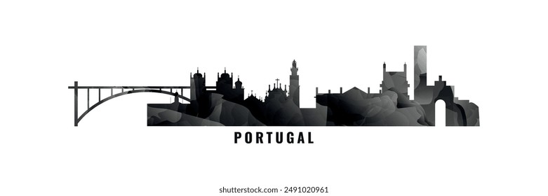 Portugal country skyline, cities panorama. Vector banner or long logo with abstract texture. Lisbon, Porto, Coimbra, Braga silhouette, isolated graphic