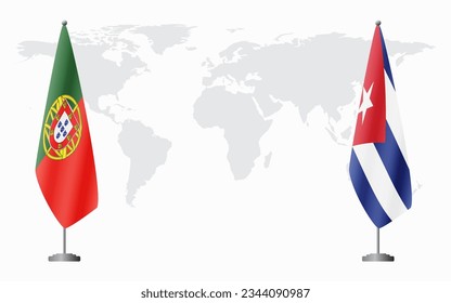 Portugal and Cuba flags for official meeting against background of world map.