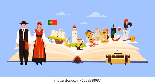 Portugal culture and architecture landmarks study in infographic collage banner with open paper book, Portuguese in traditional dress, Pena Palace and Belem Tower, food cartoon vector illustration