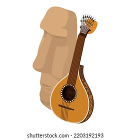 Icono de la cultura portuguesa vector isométrico. Cara de piedra, guitarra tradicional portuguesa. Antiguo instrumento musical folclórico, historia, cultura