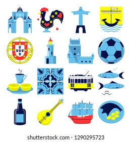 Portugal culture icons set in flat style