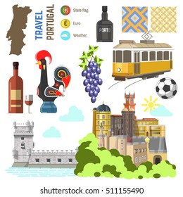 Portugal culture symbol set. Europe Travel Lisbon direction. Vector icons. Flat isolated illustration