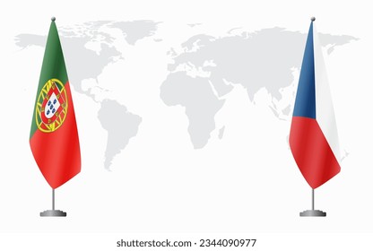 Portugal and Czech Republic flags for official meeting against background of world map.