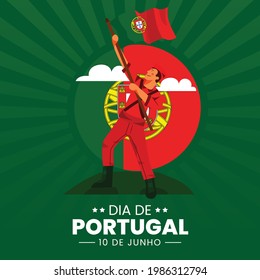 Portugal Day celebration greeting card. Dia de portugal. A man holding the flag of portugal. Portugal national flag in back at the man. Vector illustration