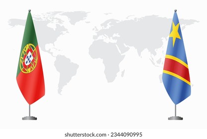 Portugal and Democratic Republic of Congo flags for official meeting against background of world map.