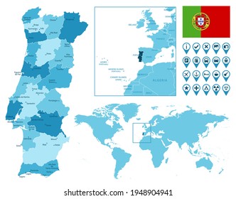 Portugal detailed administrative blue map with country flag and location on the world map.