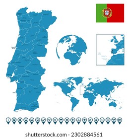 Portugal - detailed blue country map with cities, regions, location on world map and globe. Infographic icons. Vector illustration