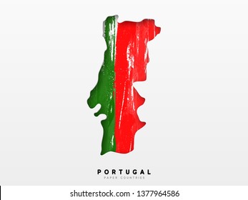 Portugal detailed map with flag of country. Painted in watercolor paint colors in the national flag.