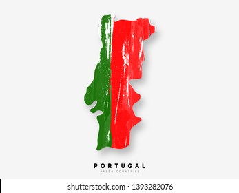 Portugal detailed map with flag of country. Painted in watercolor paint colors in the national flag.