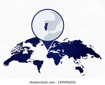 Portugal detailed map highlighted on blue rounded World Map. Map of Portugal in circle.