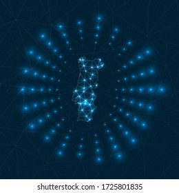 Portugal digital map. Glowing rays radiating from the country. Network connections and telecommunication design. Vector illustration.