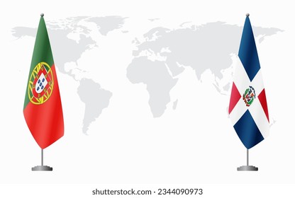 Portugal and Dominican flags for official meeting against background of world map.