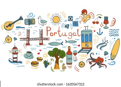 Portugal elements and symbols in doodle style. Hand drawn vector illustration in color.