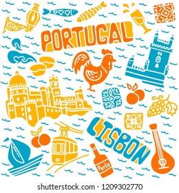 Portugal elements and symbols. Hand drawn icons of Portugal, Lisbon and Porto. Travel icons. Text Lisbon. Vector file