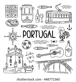 Portugal elements and symbols. Hand drawn icons of Portugal, Lisbon and Porto. Outline travel icons