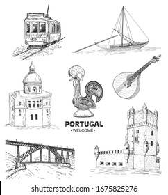 Portugal elements and symbols. Sketch. Rooster Barcelos, Portuguese tram, bridge in Porto.