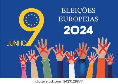 Portugal ELEIÇÕES EUROPEIAS. European elections 2024 in language Portuguese. People raising hands. Cross check marks and European Flag Background with Stars. flat vector illustration.