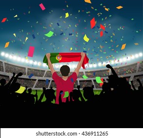 Portugal fan stand up and hand flag in silhouette group to celebrate team won in soccer match on stadium background, with confetti in the night, design for sport template in vector illustration