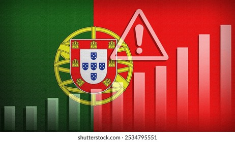 Portugal flag with burlap texture, warning sign, and rising bar chart symbolizing increasing risk or growth challenges in the country. Ideal for data presentations.