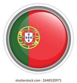 Portugal Flag Button Icon Glossy Round National Emblem Vector Illustration