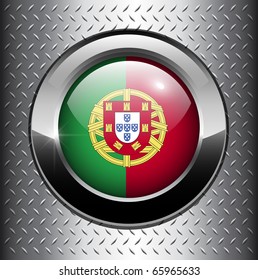 Botão da bandeira de Portugal no fundo metálico, vetor.