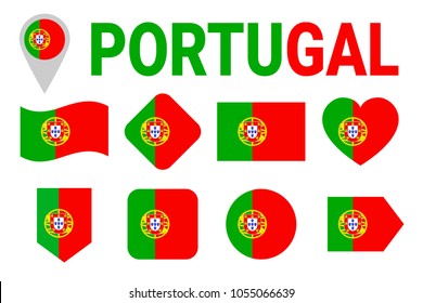 Portugal flag collection. Portuguese flags set. Vector flat isolated icons with state name. Traditional colors. Web, sports pages, national, travel, geographic, patriotic, school design elements