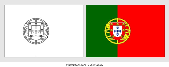 Portugal flag - coloring page. Set of white wireframe thin black outline flag and original colored flag.