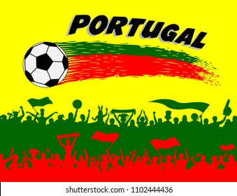 Portugal flag colors with soccer ball and Portuguese supporters silhouettes. All the objects, brush strokes and silhouettes are in different layers and the text types do not need any font. 