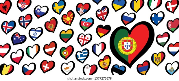 Portugal flag and different countries flags with heart flags logo. For Europe, eurovision music song festival, contest. Music songs for vision dreams. Vector euro TV icon pattern. 