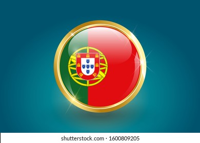 Portugal flag in the form of a circle, can be used for independence or other events. Portugal icon gold glossy badge button with Portugal flag and shadow vector EPS 10 illustration.
