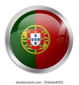 Portugal flag - glossy circle button displays a colorful flag representing a country cultural identity and heritage. The essence of national pride and unity.