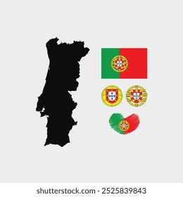 Bandera de Portugal. Mapa gris. Emblema. Bandera del corazón