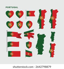 "Portugal Flag Icon Set – Portuguese National Symbols in Heart, Map, Shield, and Banner Designs in Red and Green"