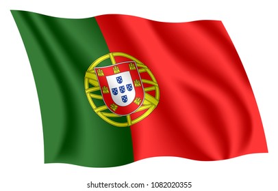 Portugal flag. Isolated national flag of Portugal. Waving flag of the Portuguese Republic. Fluttering textile portuguese ensign. Flag of the Five Escutcheons. Green-Red banner.