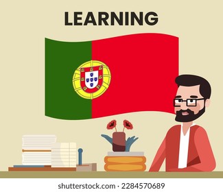 Portugal flag with a male teacher, learning or teaching Portugal language, bearded man with glasses and country flag vector design, language school concept