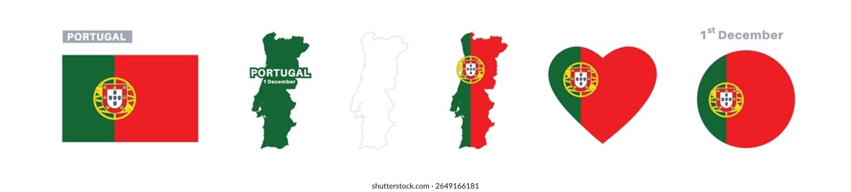 portugal flag and map set. portugal flag in official colors and proportions. independence day 1 december, map, circle and heart shaped portugal