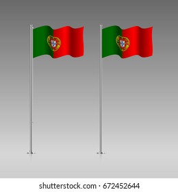 Portugal flag on the flagpole. Official colors and proportion correctly. High detailed vector illustration. 3d and isometry. EPS10