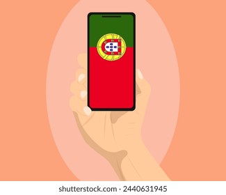 Portugal flag on mobile phone screen, holding smartphone, advertising social media or banner concept, Portugal flag showing on phone screen, technology news idea