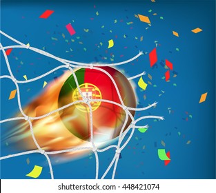 Portugal flag on soccer ball goes through the net of goal with confetti in vector illustration. Concept design for score in football with powerful shooting as a fire