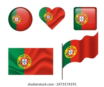 Portugal flag - set of icons. Vector flag of Portugal, symbol. Set of Portugal flags - button, waved, heart.