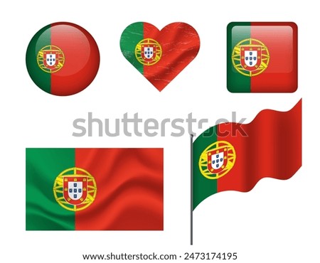 Portugal flag - set of icons. Vector flag of Portugal, symbol. Set of Portugal flags - button, waved, heart.